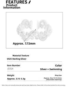 Detail view of S925 sterling silver braided ring showing 7.72mm width and size info