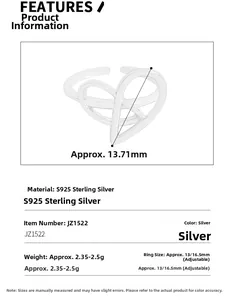 Detailed technical specifications and sizing of S925 sterling silver heart ring