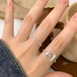 Minimalist S925 sterling silver asymmetrical open ring set with round bead and T-bar design