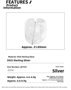 Detail view of S925 sterling silver ring with textured surface and size specifications