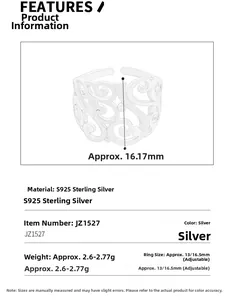 Paramètres de taille détaillés de la bague large ajourée en argent sterling S925