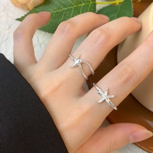 Elegant S925 sterling silver starfish open ring set for women with minimalist ocean design