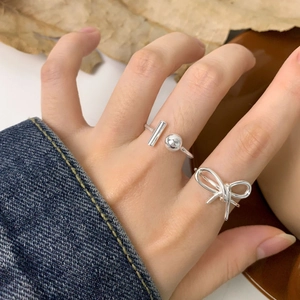 Minimalist S925 silver asymmetric ball T-bar and ribbon bow open rings for women