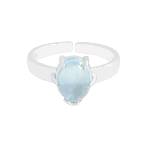 Minimalist S925 sterling silver adjustable ring with an oval light blue aquamarine gemstone