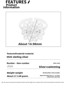 Detail showing S925 sterling silver hollow flower ring with adjustable band and measurements