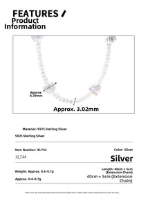 Detail view of S925 sterling silver heart crystal beaded necklace with size measurements