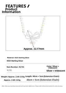 Detailed specs for S925 sterling silver bow heart necklace, 40+5cm length and 2.68g weight