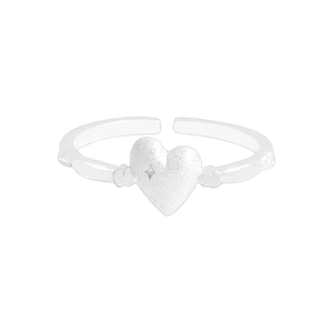 Matte silver heart ring with star engraving and adjustable open band for women