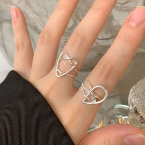 Minimalist S925 sterling silver hollow heart open rings with geometric knot design for women