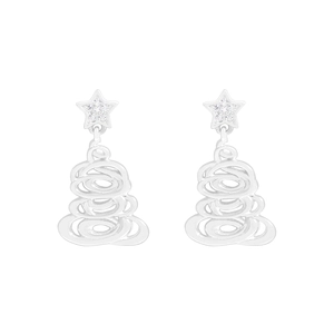 Minimalist S925 silver Christmas tree earrings with zircon stars on white background