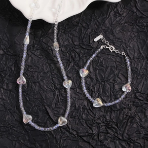 Elegant S925 sterling silver heart charm necklace set with iridescent crystal beads