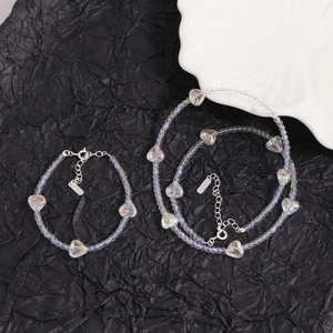 Elegant S925 silver beaded bracelet and necklace set with iridescent heart crystals