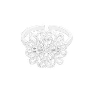 S925 sterling silver open ring featuring an intricate hollow filigree flower design