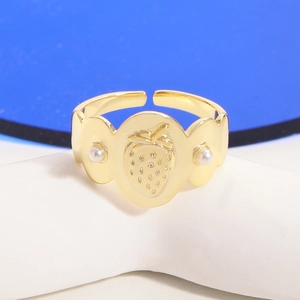 Bague réglable en argent S925 doré avec relief fraise et deux perles blanches