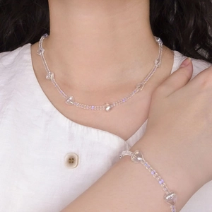 S925 silver minimalist clear heart crystal beaded bracelet and necklace jewelry set