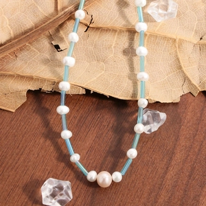 Collier en argent S925 fait main avec perles naturelles et perles tubes bleues