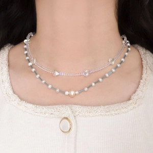 Élégant collier multicouche en argent S925 avec perles bleues et perles naturelles