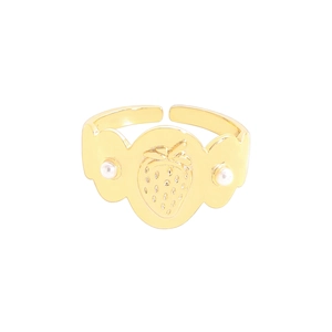 Bague fraise dorée élégante avec perles blanches et anneau ondulé pour femmes