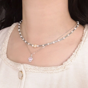 Collier double rang en argent S925 avec perles bleues, perles naturelles et cœur rose