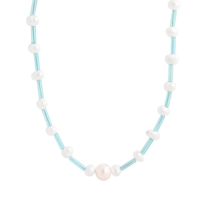 Collier en argent S925 avec perles d'eau douce naturelles et perles de verre bleues