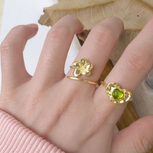 S925 silver gold plated flower ring and heart green gemstone jewelry set for women