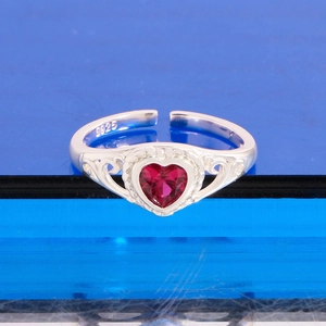 S925 sterling silver ring with heart-shaped red zircon and adjustable open band design