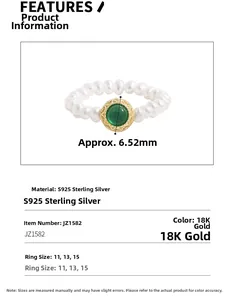 Detail showing S925 silver pearl ring with green agate and 6.52mm stone diameter specs
