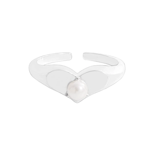 Elegant S925 sterling silver heart ring with white pearl and adjustable open band design