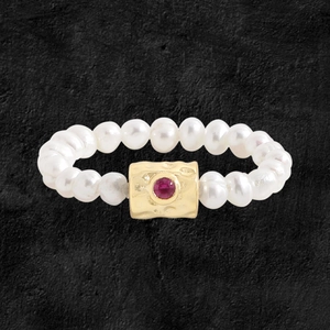 S925 Sterling Silver Beaded Freshwater Pearl Ring With Hammered Gold Metal Red Stone Inlay Vintage Korean Style Jewelry For Women