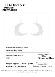 Detail view of S925 sterling silver crescent moon earrings with bow texture and measurements