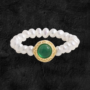 925 Sterling Silver Green Agate Freshwater Pearl Beaded Ring Vintage Luxury Retro French Style Finger Ring For Women Jewelry
