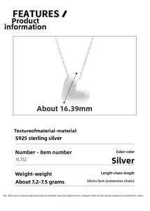 Macro shot of S925 sterling silver heart necklace with brushed metal texture and size specs