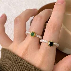 Vintage S925 silver rings with freshwater pearls, green and black gemstones in gold finish