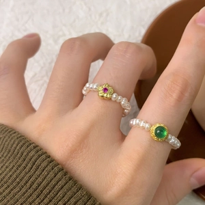 Elegant S925 silver rings with natural freshwater pearls and red green gemstones