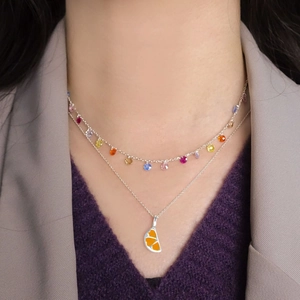 S925 silver layered necklace set with colorful faceted stones and orange drip glaze pendant