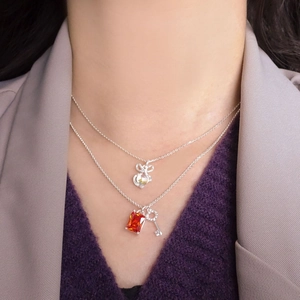 S925 silver layered necklace with orange zircon sugar cube and silver key pendant