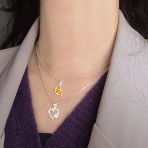 S925 silver heart and orange enamel pendant necklaces layered for a stylish look