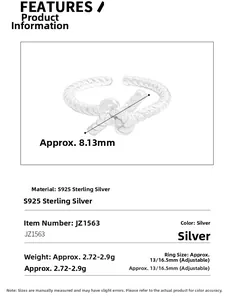 Detail view of S925 sterling silver knotted twist ring with size specifications and dimensions