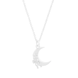 S925 sterling silver moon necklace with bow design on a white background