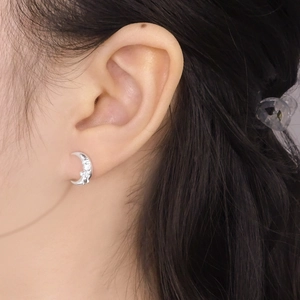 S925 sterling silver moon stud earrings with delicate engraved bow design for women