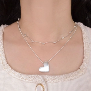 Double-layered S925 sterling silver necklace with brushed heart pendant for women