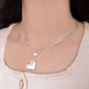 Double-layer S925 sterling silver necklace with brushed heart pendant and white pearl charm