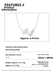 Size guide for S925 sterling silver butterfly necklace showing chain length and pendant size