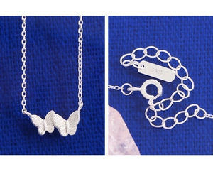 Detail view of S925 sterling silver butterfly pendant with adjustable clasp and lobster claw
