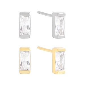Minimalist S925 silver stud earrings with baguette-cut zircon in silver and gold finishes