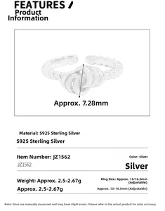 Detailed S925 sterling silver twist ring specs showing 7.28mm width and adjustable size