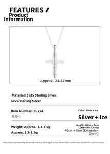 Macro shot of S925 sterling silver cross pendant necklace with zircon and size markings