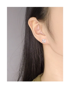 Gros plan de boucles d'oreilles minimalistes en argent S925 ajouré sur l'oreille d'une femme
