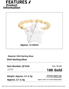 Vue détaillée de la bague étoile en argent S925 avec dimensions et plaquage en or 18K