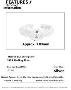 Detailed specs of S925 sterling silver hammered ring with oval zircon and adjustable band